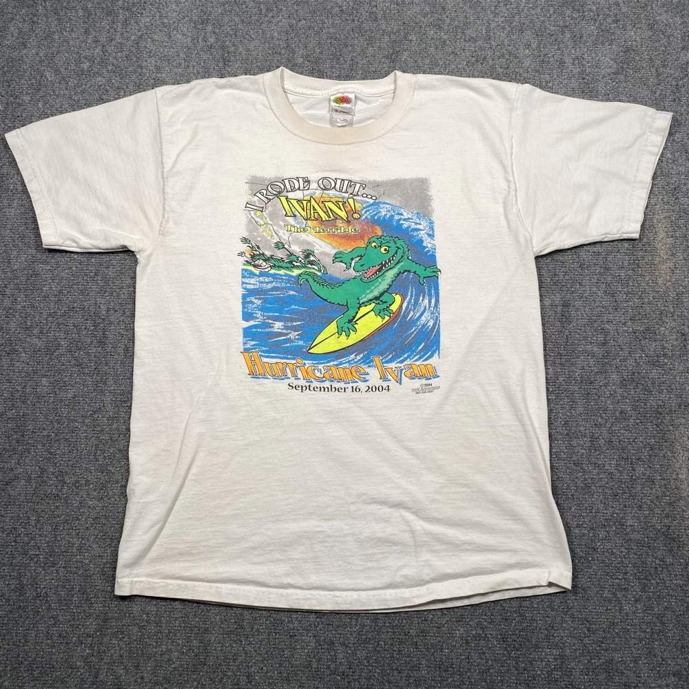 Vintage 2004 Hurricane Ivan I Rode Out Surfing Gator T-Shirt Large‎